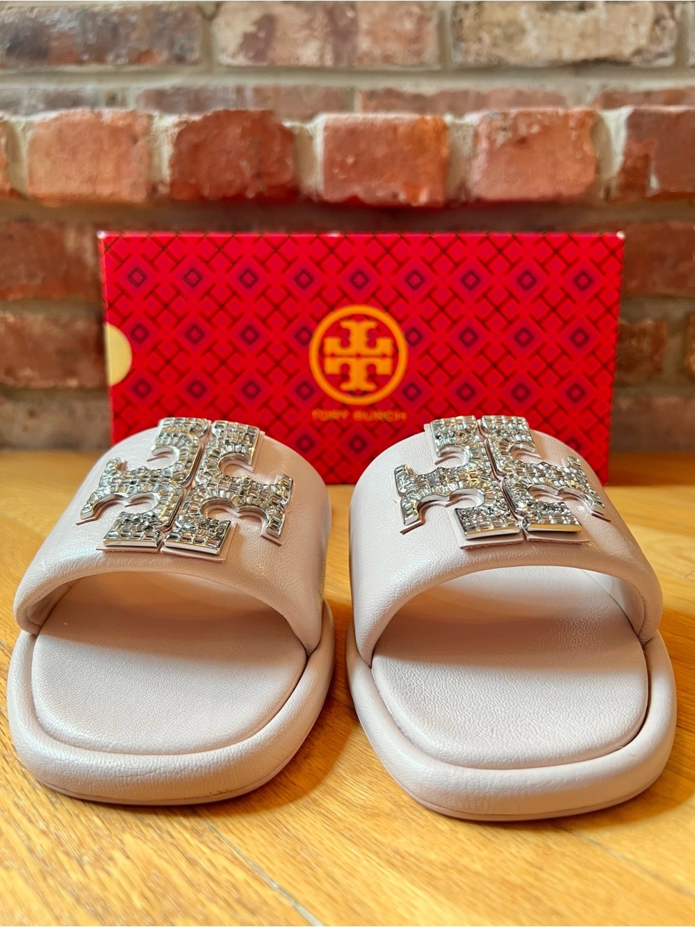Tory Burch Shell Rose Pink Double T Crystal Deco Sport Slide Sandals - Picture 4 of 14
